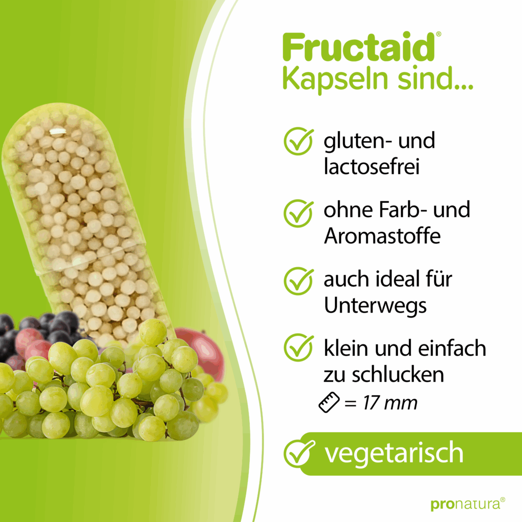 Fructaid® Kapseln sind gluten- und lactosefrei, ohne Farb- und Aromastoffe, auch ideal für unterwegs sowie vegetarisch.
