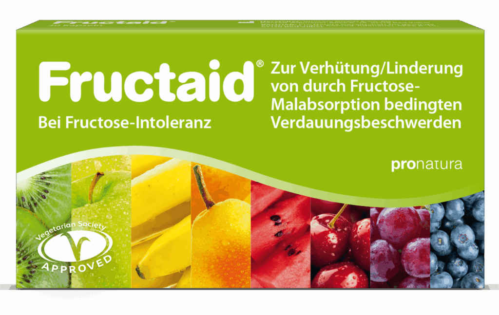 Fructaid® Kapseln in der Verpackung zur Verhütung und Linderung von durch Fructoseintoleranz bedingten Verdauunsbeschwerden.